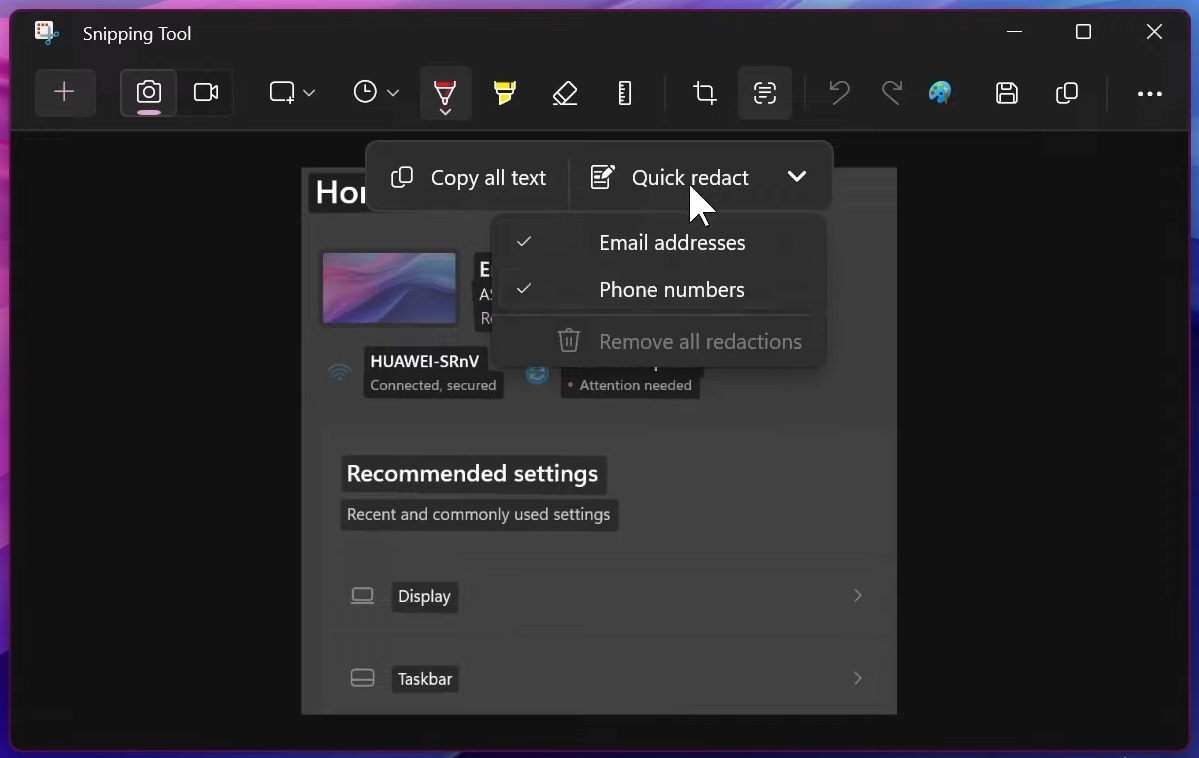 Screenshot of Windows 11's Snipping tool, showing the option to copy all text from an image and the ability to redact email addresses and phone numbers.