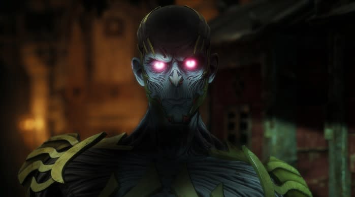 A character with glowing red eyes shrouded in shadow .