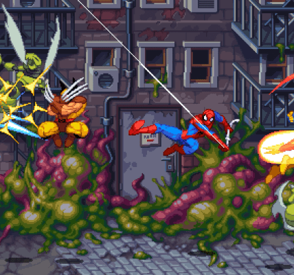 Screenshot from the game Marvel Cosmic Invasion, showing heroes beating up bad guys.